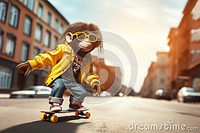 Cute teenage monkey in sunglasses, yellow jacket rides on skateboard down street. animal character Stock Photo