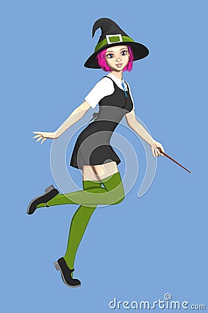 Cute teenage witch skipping Cartoon Illustration