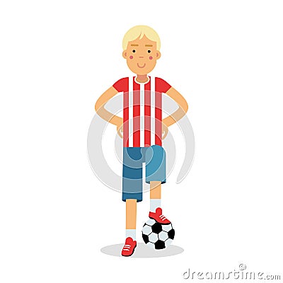 Cute teenager boy in sports uniform standing with a soccer ball cartoon character, kids physical activities vector Vector Illustration