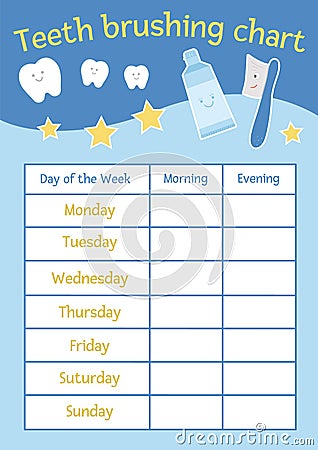 Cute teeth brushing chart for kids. Vector dental care stomatology poster with cute smiling characters. Tooth hygiene timetable Vector Illustration