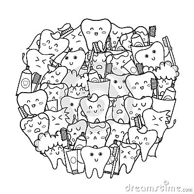 Cute teeth circle shape coloring page. Doodle mandala with funny teeth Vector Illustration