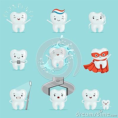 Cute teeth with different emotions set for label design. Cartoon detailed Illustrations Vector Illustration