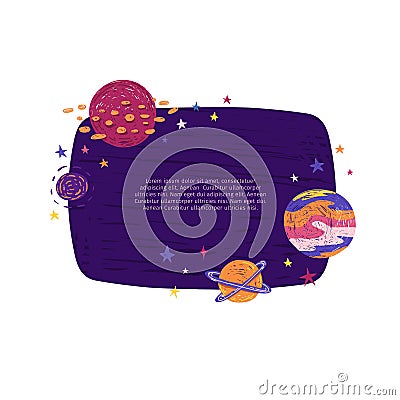 Cute template design layout with illustration of planet and stars. Banner of doodle style universe and galaxy. Frame Vector Illustration