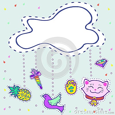 Cute template with modern stickers and cloud. Vector Illustration