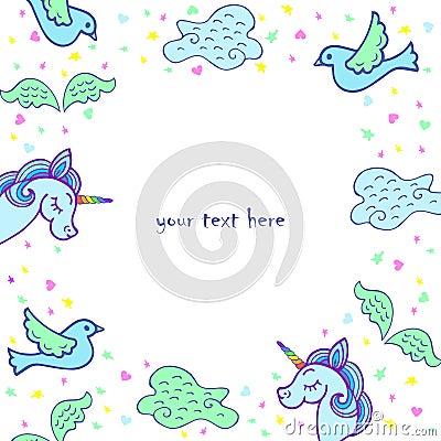 Cute template with unicorn, wings, bird, cloud. Vector Illustration
