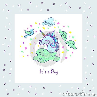Cute template with unicorn, wings, bird, cloud. Stock Photo