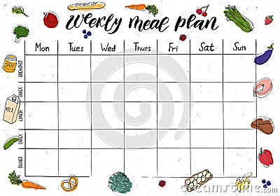 Cute A4 template for weekly and daily meal planner with lettering and doodle drawings of food. Vector Illustration