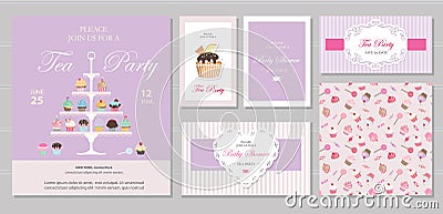 Cute templates with cupcakes stand and sweets in pastel colors. Cards and posters. For bridal, baby shower, birthday. Vector Illustration