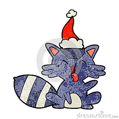cute textured cartoon of a raccoon wearing santa hat Vector Illustration
