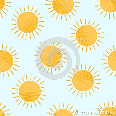 Cute textured cartoon yellow sun pattern Vector Illustration