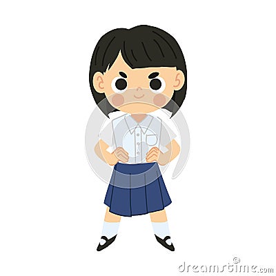 Cute Thai Cartoon Character of Confident Student Girl, Kawaii Thai Little Girl Vector Illustration