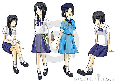 Cute Thai schoolgirls collection set 4 Vector Illustration