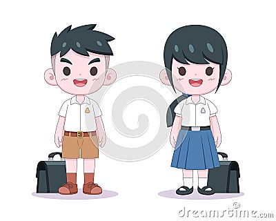 Cute Thai students uniform cartoon illustration Vector Illustration