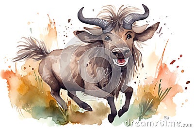 Cute thin full length happy wildebeest jumping in watercolor illustration, created with Generative AI technology Cartoon Illustration