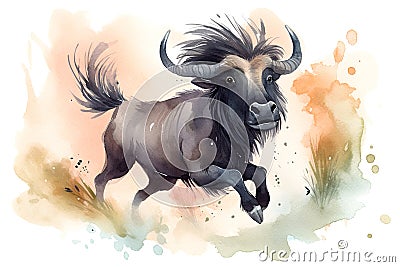 Cute thin full length happy wildebeest jumping in watercolor illustration, created with Generative AI technology Cartoon Illustration