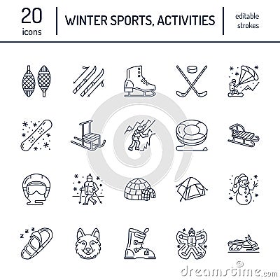 Cute thin line icons of winter sports. Outdoor activities vector elements - snowboard, hockey sled, skates, snow tubing Vector Illustration