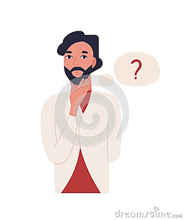 Cute thoughtful bearded man isolated on white background. Funny pensive guy and thought balloon with question mark. Male Vector Illustration