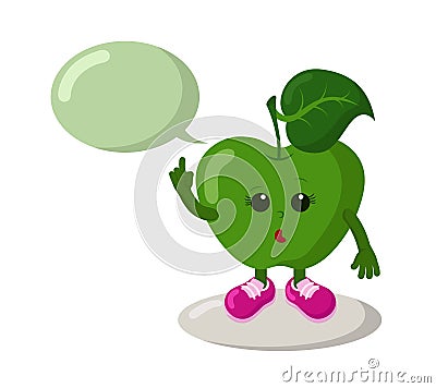 Cute thoughtful or surprised apple with sneakers and speech bubble holds index finger up Vector Illustration