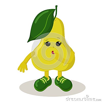 Cute thoughtful or surprised pear with sneakers emoticon. Vector Illustration