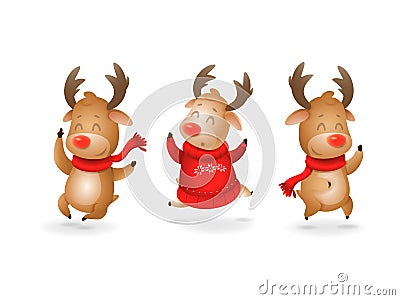 Cute three Reindeer celebrate winter holidays happy expression - they jumping up - vector illustration isolated on transparent bac Vector Illustration