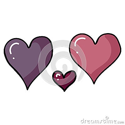 Cute three valentines heart cartoon vector illustration motif set. Hand drawn isolated romantic couples symbol elements clipart Cartoon Illustration