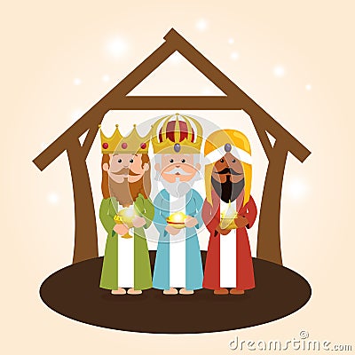 Cute three wise kings manger Vector Illustration