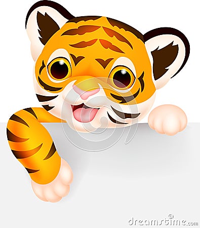 Cute tiger cartoon with blank sign Vector Illustration