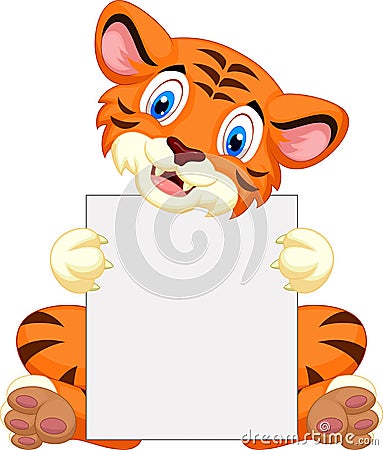 Cute tiger cartoon holding blank sign Vector Illustration