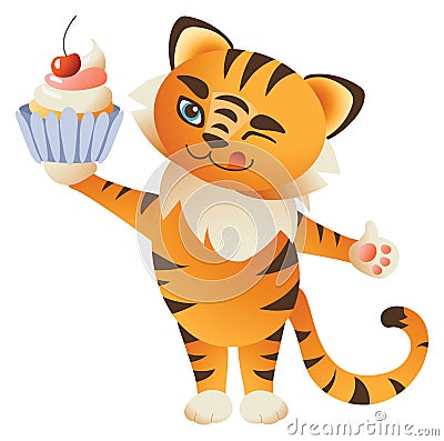 Cute tiger cartoon with sweet cake. New year 2022 mascot Vector Illustration