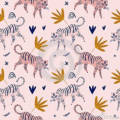 Cute tiger cat seamless pattern vector print, nursery illustration in scandinavian style, animal pink skin repeat design, kids Cartoon Illustration