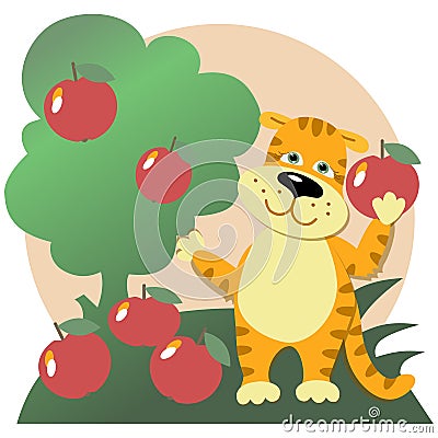 The cute tiger cub character collects red apples Vector Illustration
