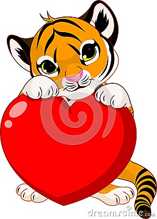 Cute tiger cub holding heart Vector Illustration