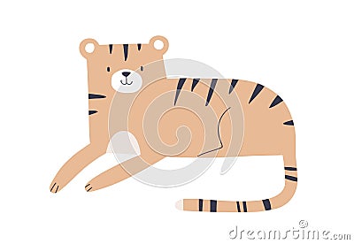 Cute tiger cub lying, relaxing. Jungle baby animal in Scandinavian nordic style. Adorable happy smiling lovely sweet Vector Illustration