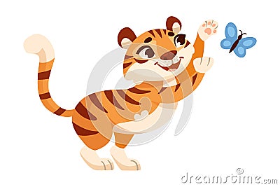 Cute Tiger Cub with Striped Orange Fur Playing with Butterfly Vector Illustration Vector Illustration