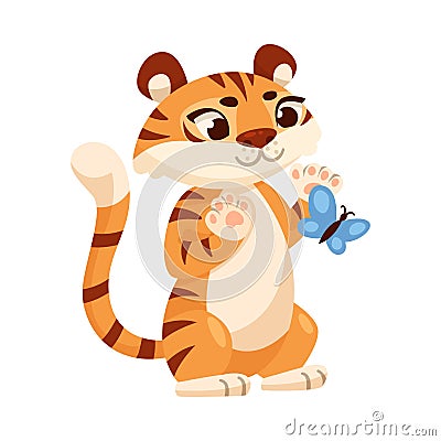 Cute Tiger Cub with Striped Orange Fur Playing with Butterfly Vector Illustration Vector Illustration