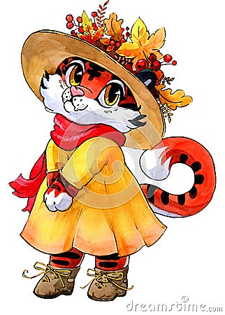 Cute tiger cubs, seasonal animal cliparts, funny cartoon style. Watercolor illustration, handmade Cartoon Illustration