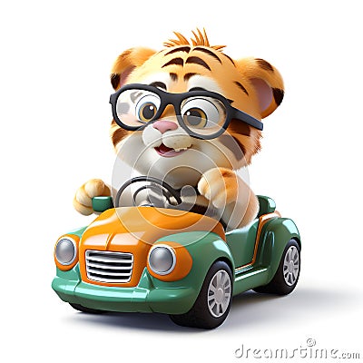 Cute tiger 3d cartoon with sunglases and driving a tuning car, white background.Generative ai Stock Photo