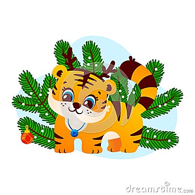 Cute tiger deer horns in spruce branches, character symbol Happy New Year funny illustration isolated on white background. Vector Vector Illustration