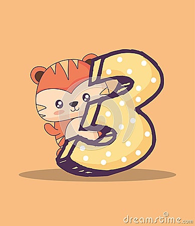 Cute tiger with number three kawaii character Vector Illustration