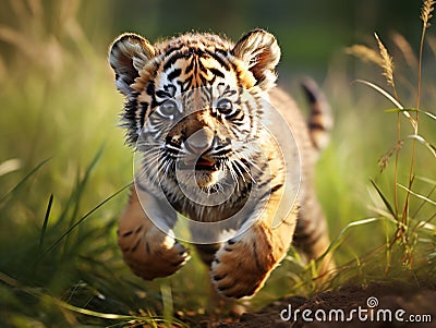 Cute tiger Siberian tiger in Amur tiger running in the Action wildlife summer scene with danger Nature Cartoon Illustration