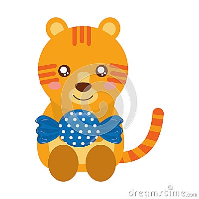 Cute tiger with sweet candy wrapper Vector Illustration