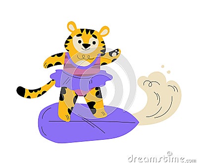 Cute Tiger Tourist in Swimsuit Riding Surfboard Having Summer Resort Vacation Vector Illustration Vector Illustration