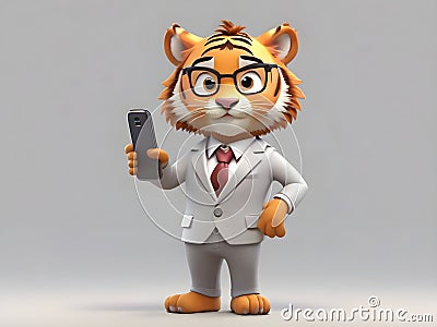 A cute tiger wearing a business suit, glasses and holding a mobile phone, cartoon animation style, business concept Stock Photo