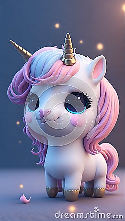 cute tiny Anime Unicorn, chibi, adorable fluffy, logo design, cartoon, AI Generative Stock Photo