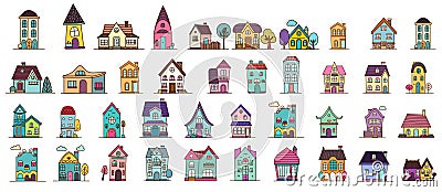 Cute tiny houses. Cartoon small town houses, minimalism city buildings, minimal suburban residential house vector Cartoon Illustration