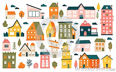 Cute tiny houses. Cartoon small town houses, minimalism city buildings, minimal suburban residential house vector Vector Illustration