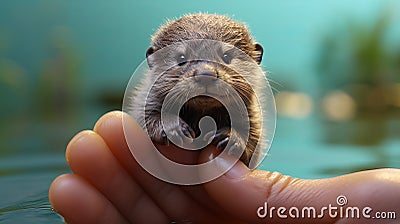 Photorealistic Painting Of Otter Sitting On Finger - Epic Concept Art Stock Photo