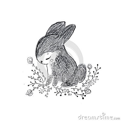 Cute tiny rabbit. Sweet bunny, little hare with flowers. Hand drawn pencil illustration for kids and babies fashion Cartoon Illustration