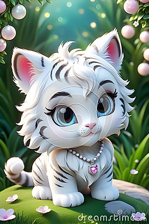 A cute tiny white tiger wearing a necklace, chibi, adorable, fluffy, cartoon, fantasy art, digital painting, animal Stock Photo