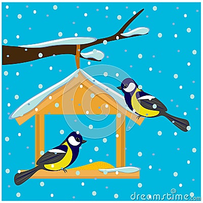 Cute titmouses sit on a snow-covered feeder in winter Vector Illustration